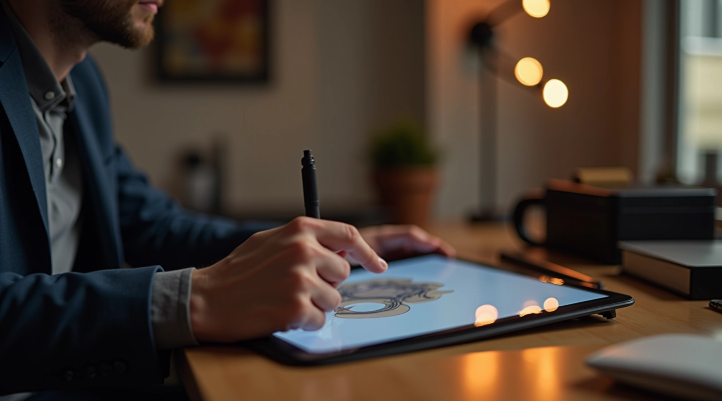 Digital artist creating illustration on tablet in Tallinn studio