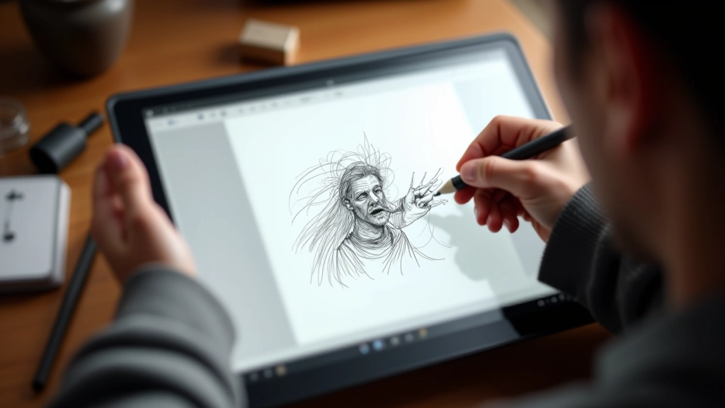 Tablet screen showing rough sketch layer with loose pencil strokes and gesture drawings at reduced opacity, ready for refinement