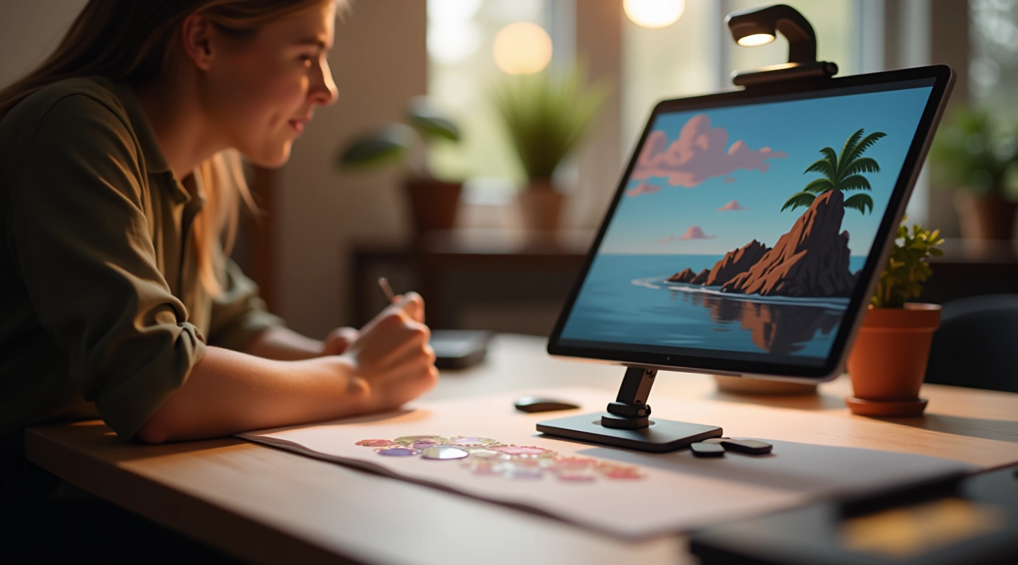 Digital illustration tablet workspace with stylus and digital pen on screen displaying artwork in progress