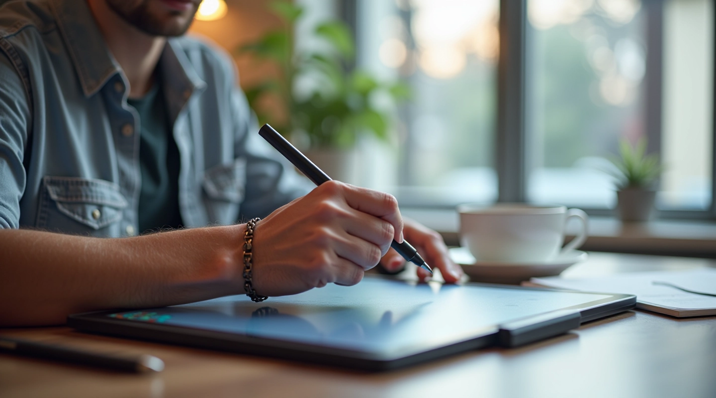 Tablet stylus held above digital drawing surface with pressure-sensitive pen in hand