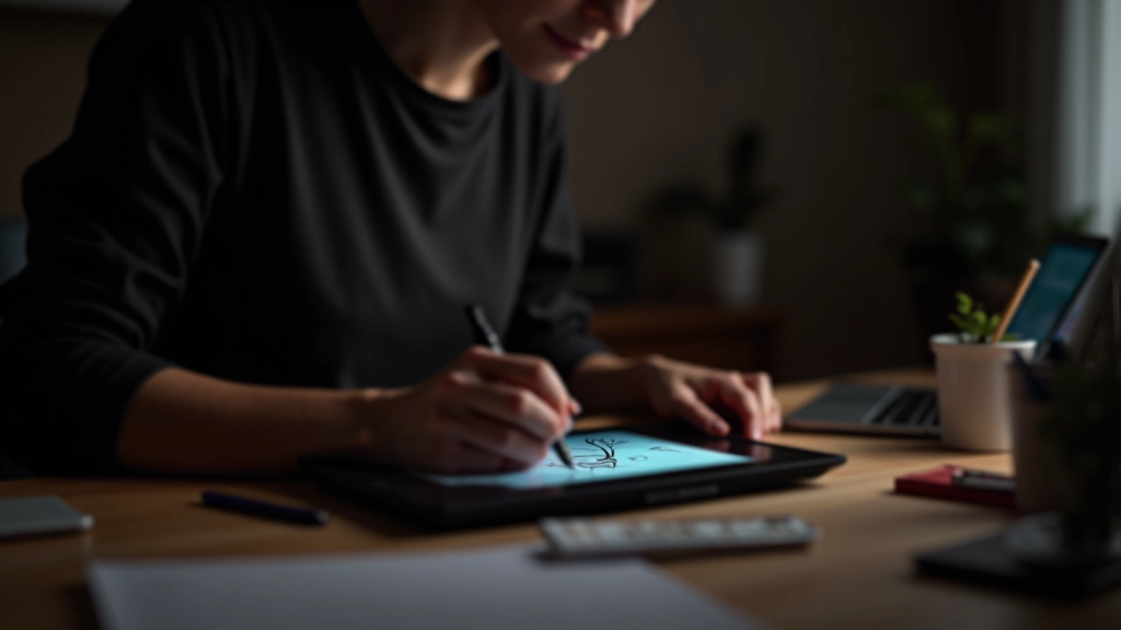Hand holding stylus over tablet with sketch layers visible in digital drawing software showing multiple illustration stages