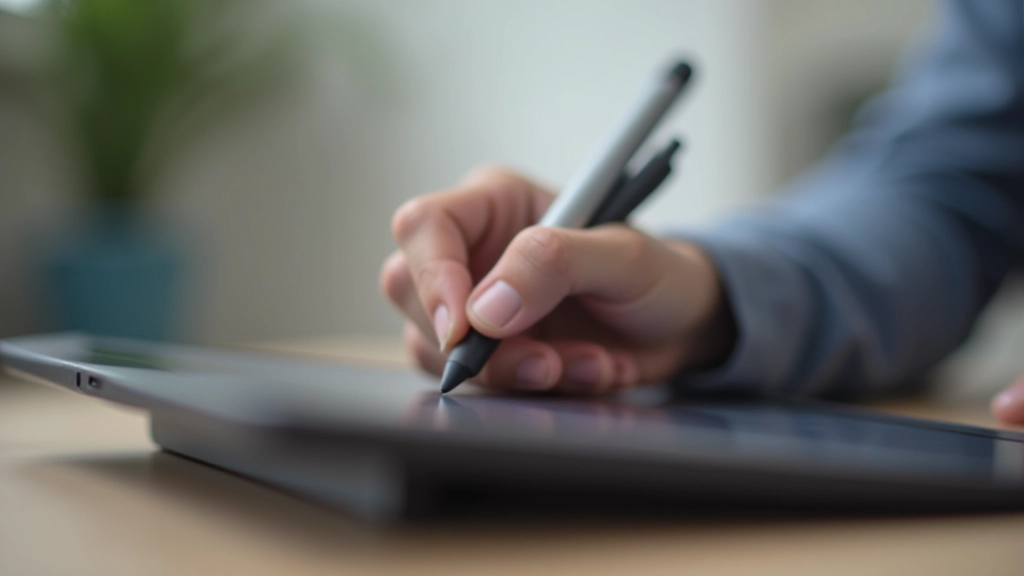 Stylus pen held in hand showing side buttons clearly visible, proper grip position for digital drawing